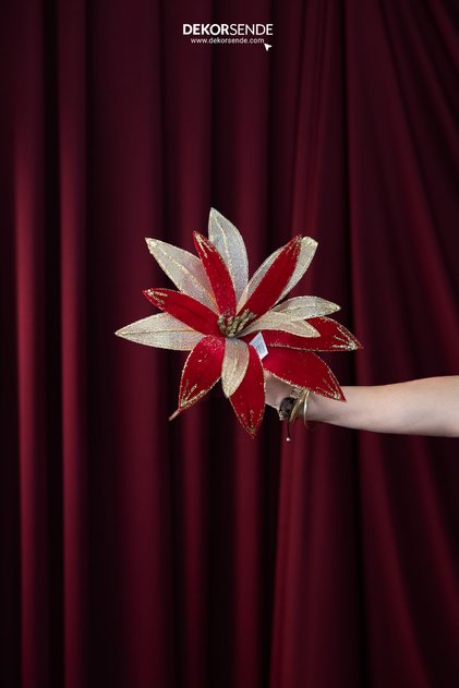 Artificial Glitter Daisy Ponsetia Branch Red Gold 38 cm