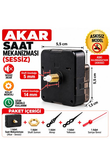 Askısız Sessiz Akar Duvar Saati Mekanizması – Siyah Akrep Yelkovan ve Kırmızı Saniye İbreli Set