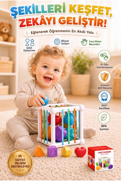 Montessori Eğitici Aktivite Küpü - Şekil Yerleştirme Duyusal Bebek Oyuncak Seti, İnce Motor Gelişimi
