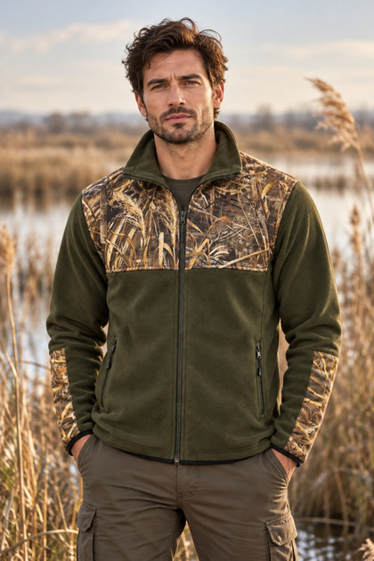 Hunting Hunter Saz Pattern Printed Garnished Full Zipper Stand Collar Khaki Fleece Sweatshirt
