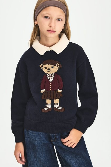 Crew Neck Teddy Bear Patterned Knitwear Sweater for Girls I3598A826Wn
