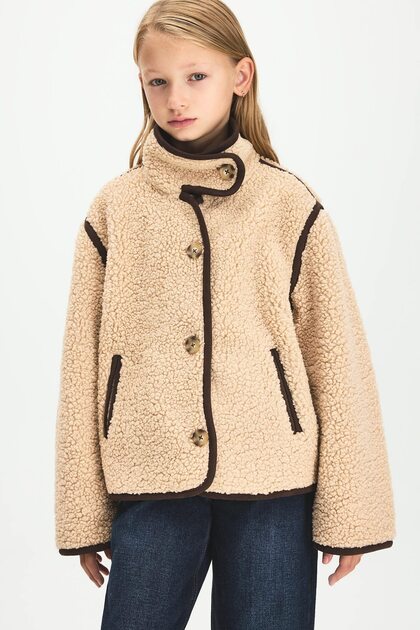 Ultra Soft Wrinkle-Free Stand Collar Button Closure Plush Coat H3183A826Au