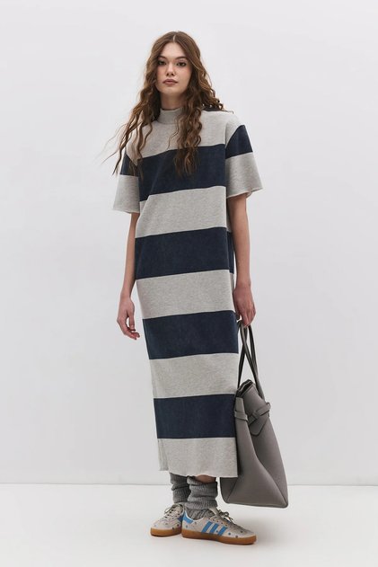 Women's Striped Midi Dress with Slit, Closed Collar, Short Sleeves