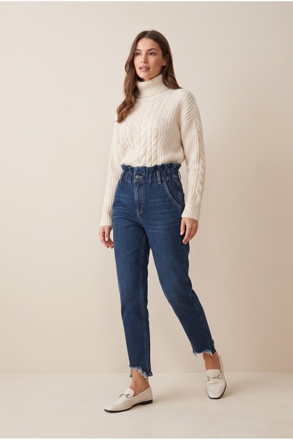 4042 Yüksek Bel Lastikli Büzgülü Mom Jean Pantolon - Püsküllü Paça Denim