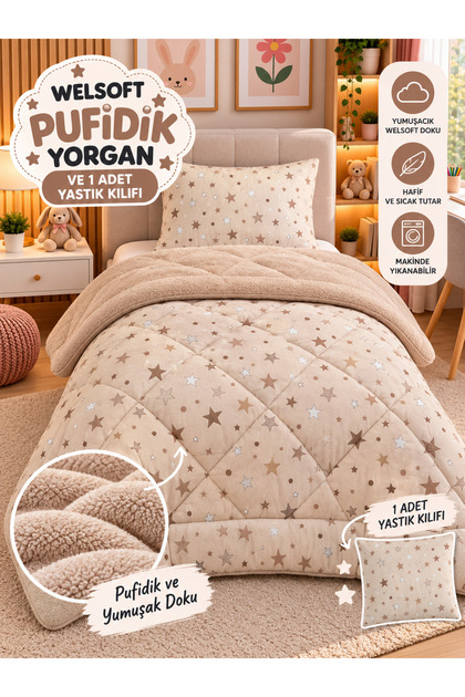 Double Sided Welsoft Quilt Single Beige Big Star