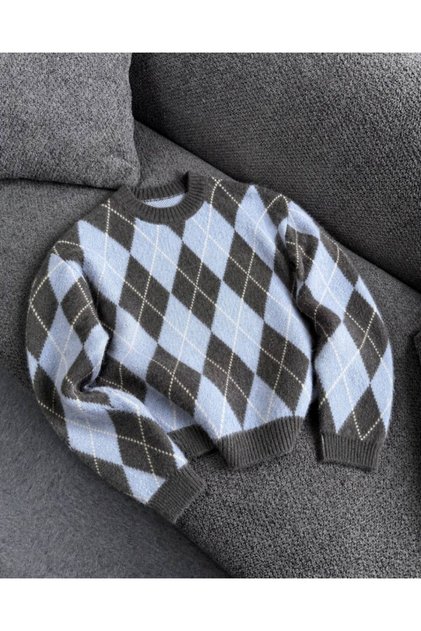 Men's Diamond Patterned Crew Neck Knit Sweater