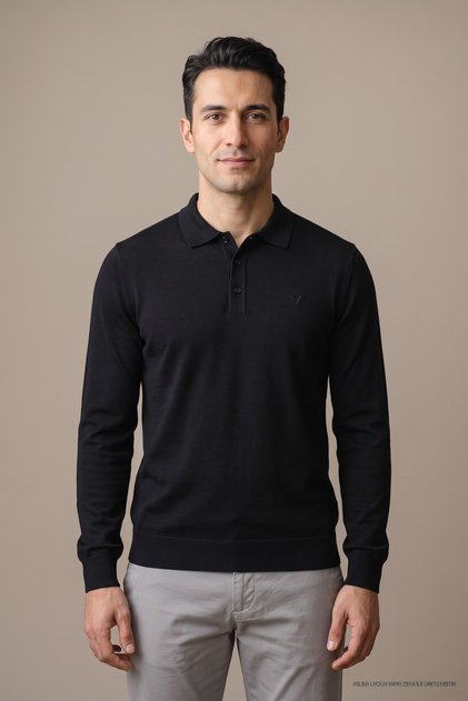 Tricou negru cu mânecă lungă pentru bărbați, cu guler polo, basic