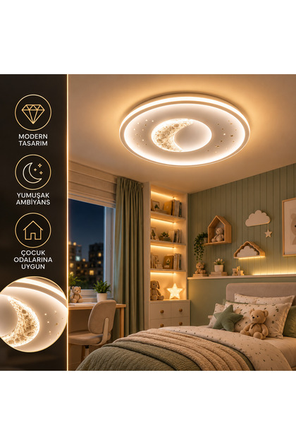 🌙 Ay & Bulut Figürlü LED Çocuk Odası Tavan Avizesi – 40 cm | 3 Renk Işık