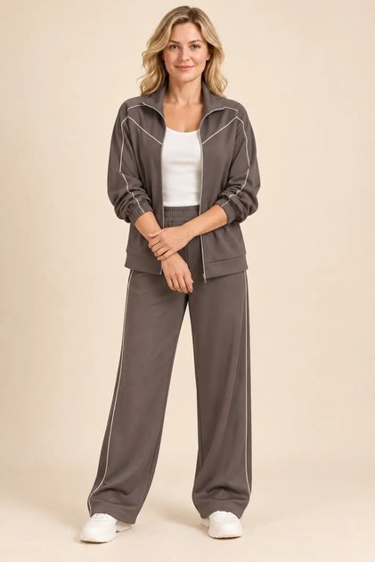 Women's Coffee Stripe Detailed Zippered Oysho Jacket Wide Leg Pants Double Set Hzl28W-Wm568