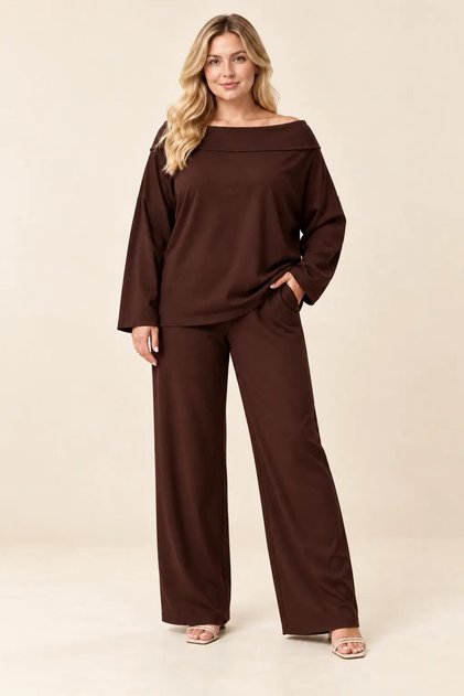 Women's Coffee Boat Neck Off-Shoulder Loose Blouse Wide Leg Pants Two-Piece Set Hzl26S-Wm234