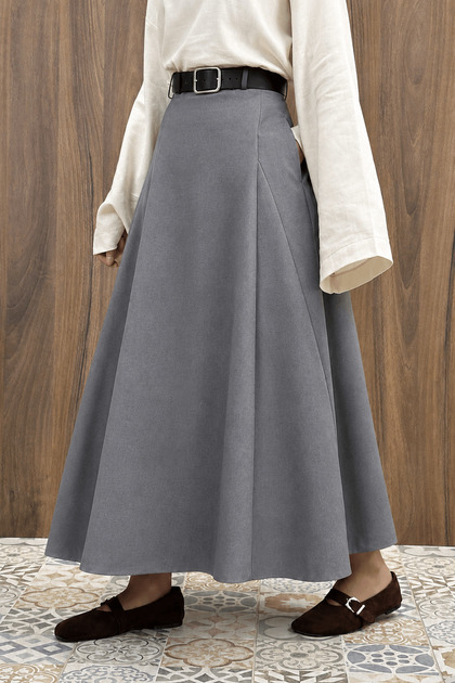 Belted Flared Skirt with Detailed Panels - 3046 - Smoked