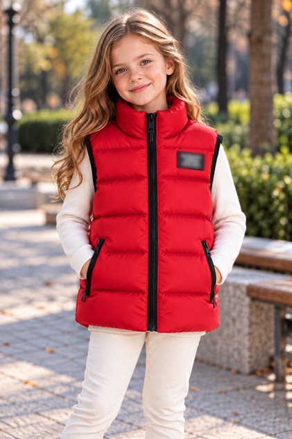 Girls' Inflatable Vest Water and Wind Resistant Micro Woven Fabric Plaid Lined Children's Vest with Zipper Pockets