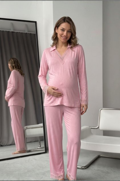 Veloria Shirt Collar Lace Embroidered Maternity and Postpartum Pajama Set