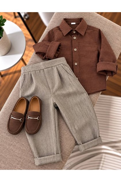 Boy's Brown Shirt and Linen 2-Piece Set