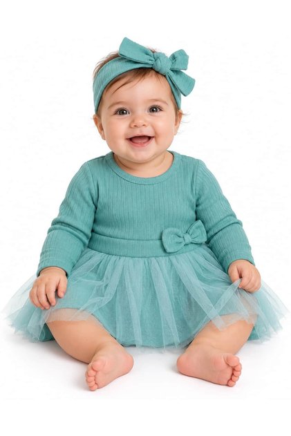 3-18 Months Baby Girl Ribbed Top, Bow Tulle Dress and Headband Set