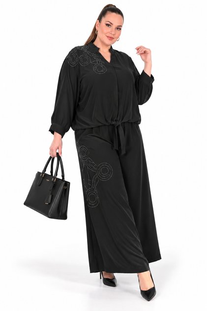 Plus Size Women's Stone Embroidered Tie Detailed Blouse and Wide Leg Trousers Two-Piece Special Occasion Set