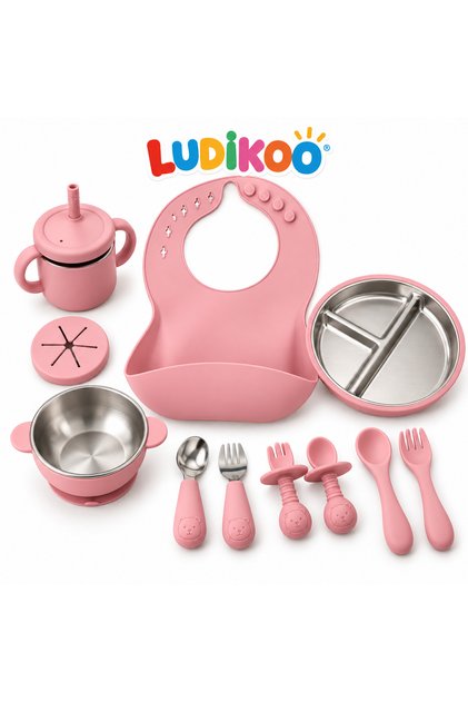 Set Masă Bebeluși 10 Piese, Silicon și Inox, Farfurie Compartimentată, Bol, Cană, Bavetică și Tacâmuri, Roz
