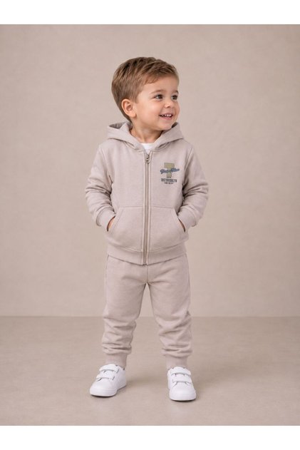 Basic Patterned Hooded Kangaroo Pocket Zippered Printed Boy's Cardigan/Elastic Waistband Sweatpants 3-Piece Set
