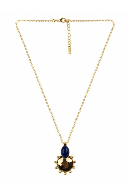 Navy Blue Stone Detailed Sun Patterned Gold Design Necklace