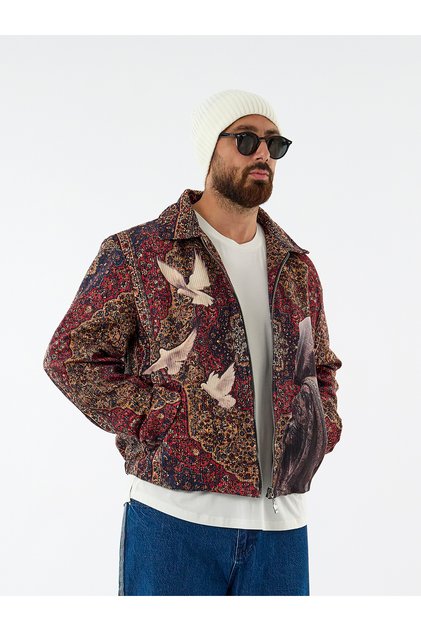 Pigeon Patterned Velvet Zippered Men's Jacket Coc3596