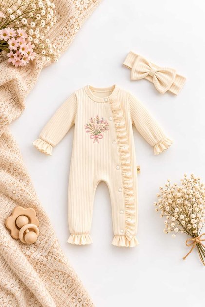 Baby Girl 100% Cotton Ribbed Romper and Bow Headband 2-Piece Set Floral Embroidered Lace Ruffle Detailed Long Sleeve Baby Clothing 0-3/3-6/6-9 Months