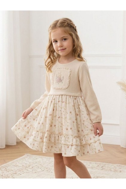 Cotton Girls' Special Design Rabbit Embroidered Layered Ruffle Dress