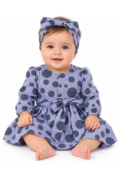 3-18 Months Baby Girl Polka Dot Belted Dress and Headband Set