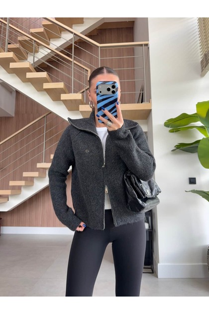 Double Zippered Wool Textured Knitted Cardigan