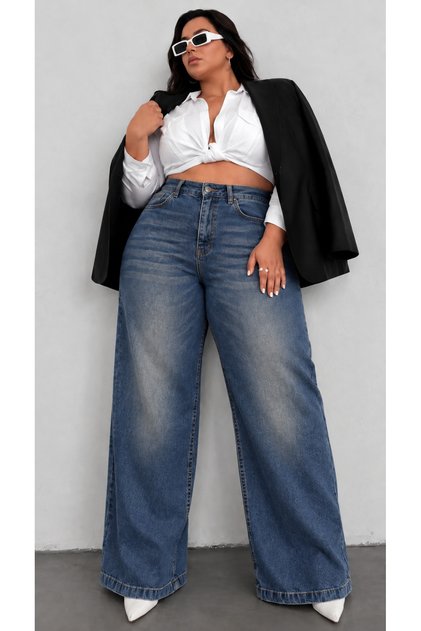 Kadın Büyük Beden Yüksek Bel Geniş Paça Yıkamalı Örme Denim Kot Pantolonn