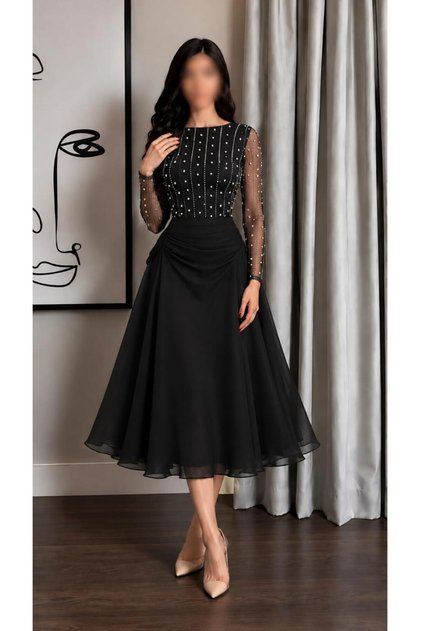 Black Midi Length Evening Dress with Transparent Sleeves and Pearl Embroidery and Flared Skirt