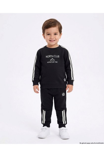 Boys' Winter 3-Thread Ribbed Print Detailed Thick Tracksuit Set for Ages 2-3-4-5-6