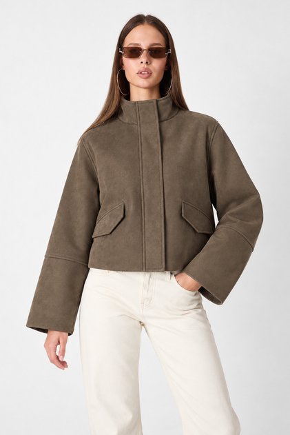 Women's Stand Collar Oversized Short Suede Jacket with Hidden Zipper and Flap Pockets