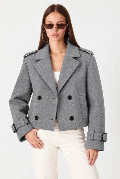 Women's Double-Breasted Collar, Double-Buttoned Belt Detail, Comfortable Fit, Short Cashmere Coat