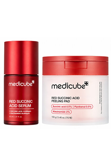 Red Succinic Acid Skincare Duo Set – 30ml Serum + 70 Peeling Pads (155g) | Niacinamide | Blemish & Pore Care