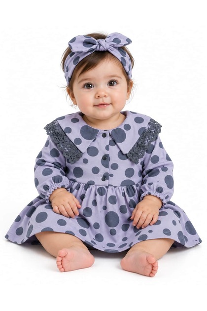 3-18 Months Baby Girl Polka Dot Lace Detailed Dress and Headband Set