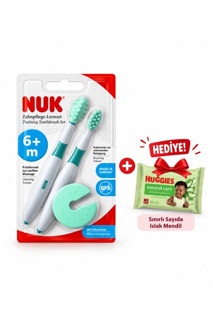 Diş Fırçalamaya Alıştırma ve Diş Kaşıyıcı Seti +6 ay Yaş + Huggies 48'li Islak Mendil Hediyeli (Sınırlı Sayıda)