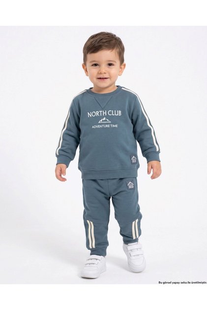 Boys' Winter 3-Thread Ribbed Print Detailed Thick Tracksuit Set for Ages 2-3-4-5-6