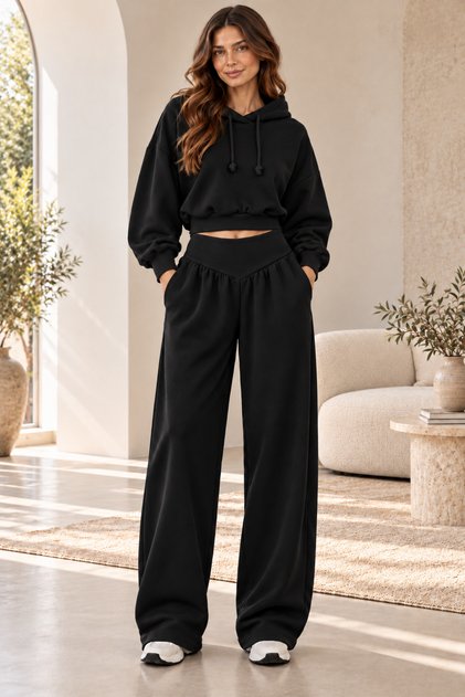 Women's Hooded Pocketed V-Waist Cut Elastic Black Tracksuit Set