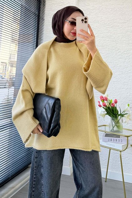 Premium Triangular Scarf Detailed Knitwear Sweater - Yellow