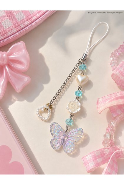 Pearl Heart and Holographic Butterfly Figured Phone Charm, Blue Beaded Phone Strap, Bag and Camera Decoration