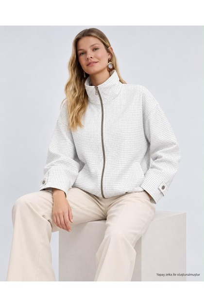 High Collar Zippered Checkered Bomber Jacket