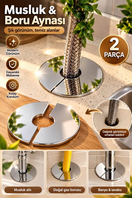 2 Parça Yapışkanlı Musluk Aynası Doğalgaz Boru Aynası Kapatıcı Dekoratif Gümüş Rozet