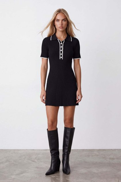 Women's Black Polo Collar Buttoned Front Mini Knitwear Dress Alc-X15618