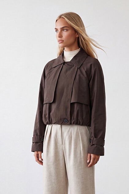 Women's brown cape detailed lined short trench coat alc-x15634