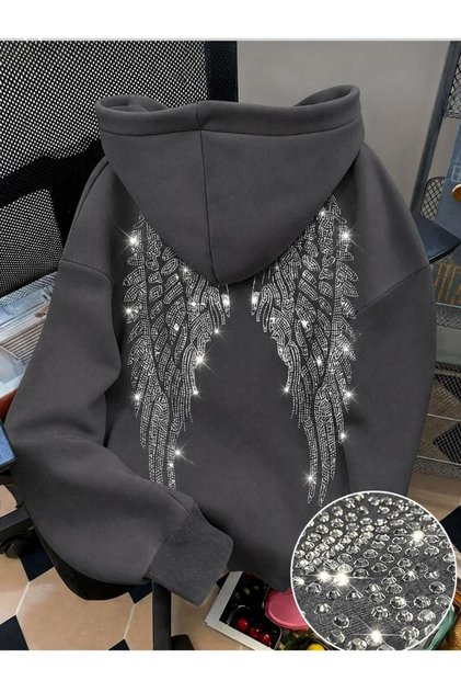 Moda Kadın Sırtı Kanat Taş Baskılı 3 İplik Şardonlu Kumaş Kapüşonlu Oversize Sweatshirt