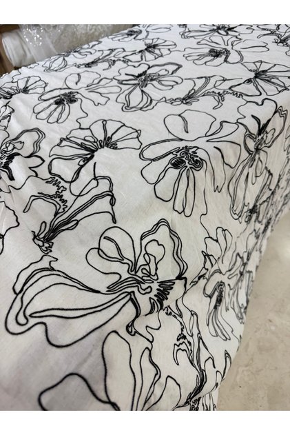 Linen Fabric with Black Floral Embroidery - Cordone Embroidered Linen Fabric