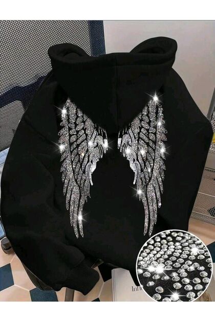 Fashionable Women's Winged Stone Printed 3 Threaded Yarn Embossed Fabric Hooded Oversize Sweatshirt
