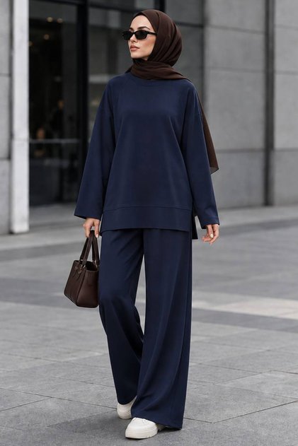 Raglan Sleeve Side Slit Oysho Fabric Navy Blue Hijab Pants Set 3012L