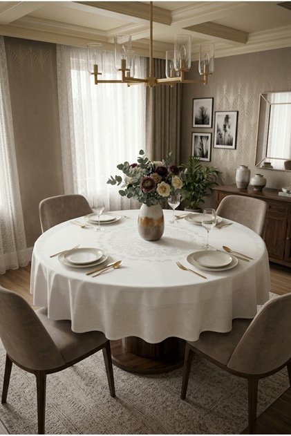 Jacquard Fabric Round Tablecloth - 160 cm Diameter - Cream Color