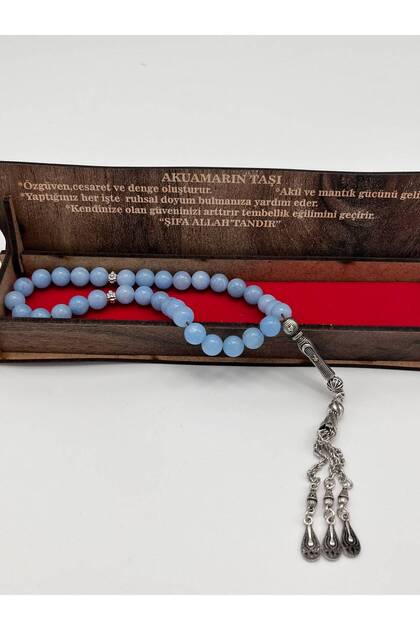 Aquamarine Stone Prayer Beads Set of 33 – Stylish Prayer Beads with Blue Natural Stone Color and Metal Tassels + Boxed + Tsb66